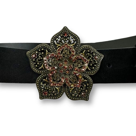 Women's M/L Black Leather Belt Bronze Metal Studded Floral Star Buckle Western - Picture 1 of 6